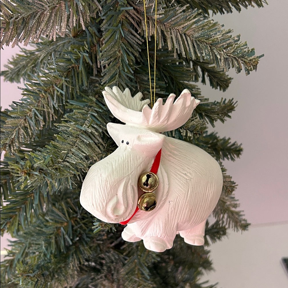 White Bisque Moose Christmas Ornament Vintage with Jingle Bells 4”